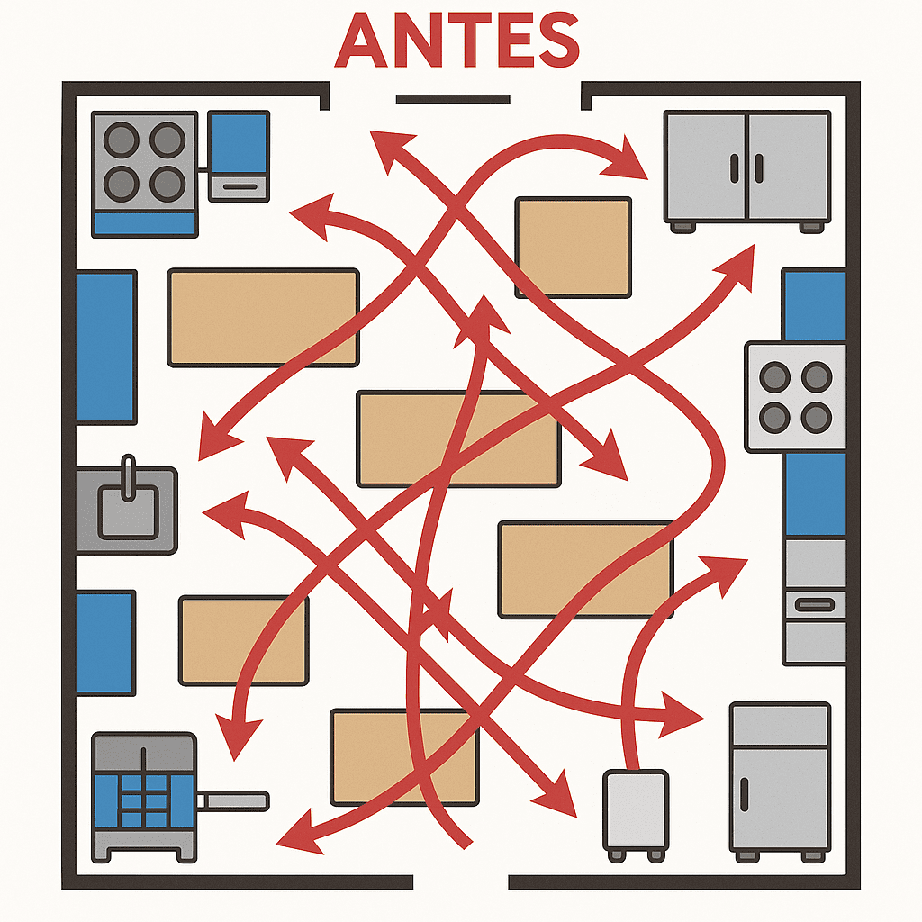 Diagrama “antes” mostrando cruces de personal y flujos caóticos.