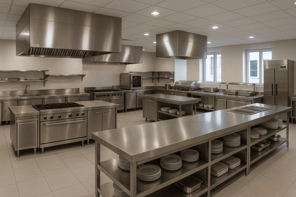 Fotografía hiperrealista de una cocina industrial multifunción moderna, perfectamente ordenada y operativa