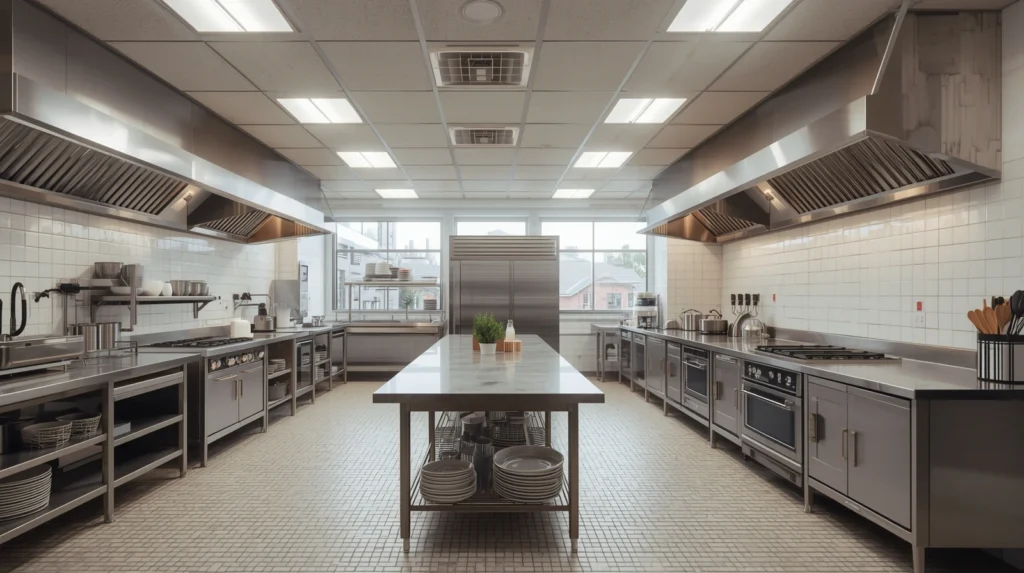 Vista de una cocina donde se ilustra la acústica en cocinas industriales