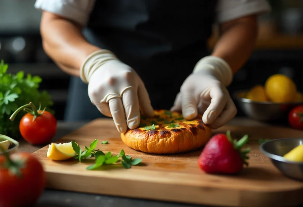 Plano general de cocina industrial orientada a entregas, personal con guantes y mascarillas empaquetando pedidos, estantes con ingredientes etiquetados