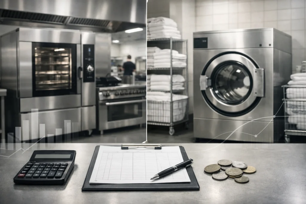 Rentabilidad del equipamiento de hostelería: análisis financiero con calculadora y hojas de cálculo junto a horno industrial eficiente y lavadora industrial de bajo consumo en entorno profesional.