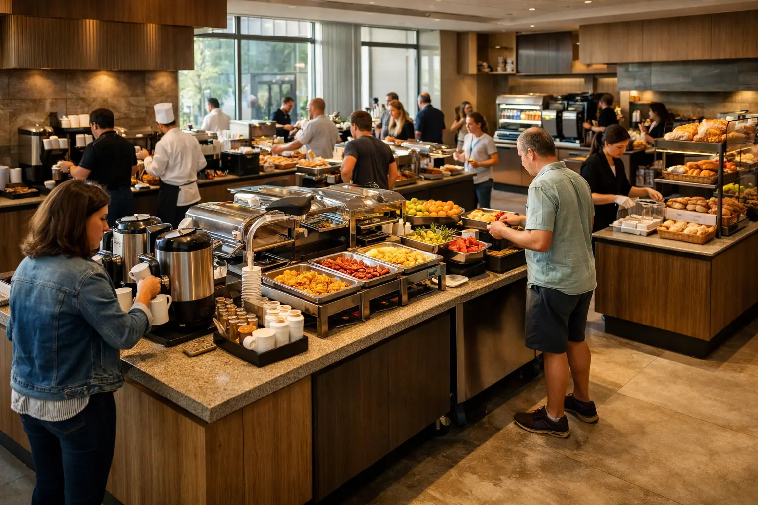 Imagen que muestra el buffet de un hotel por la mañana lleno de gente
