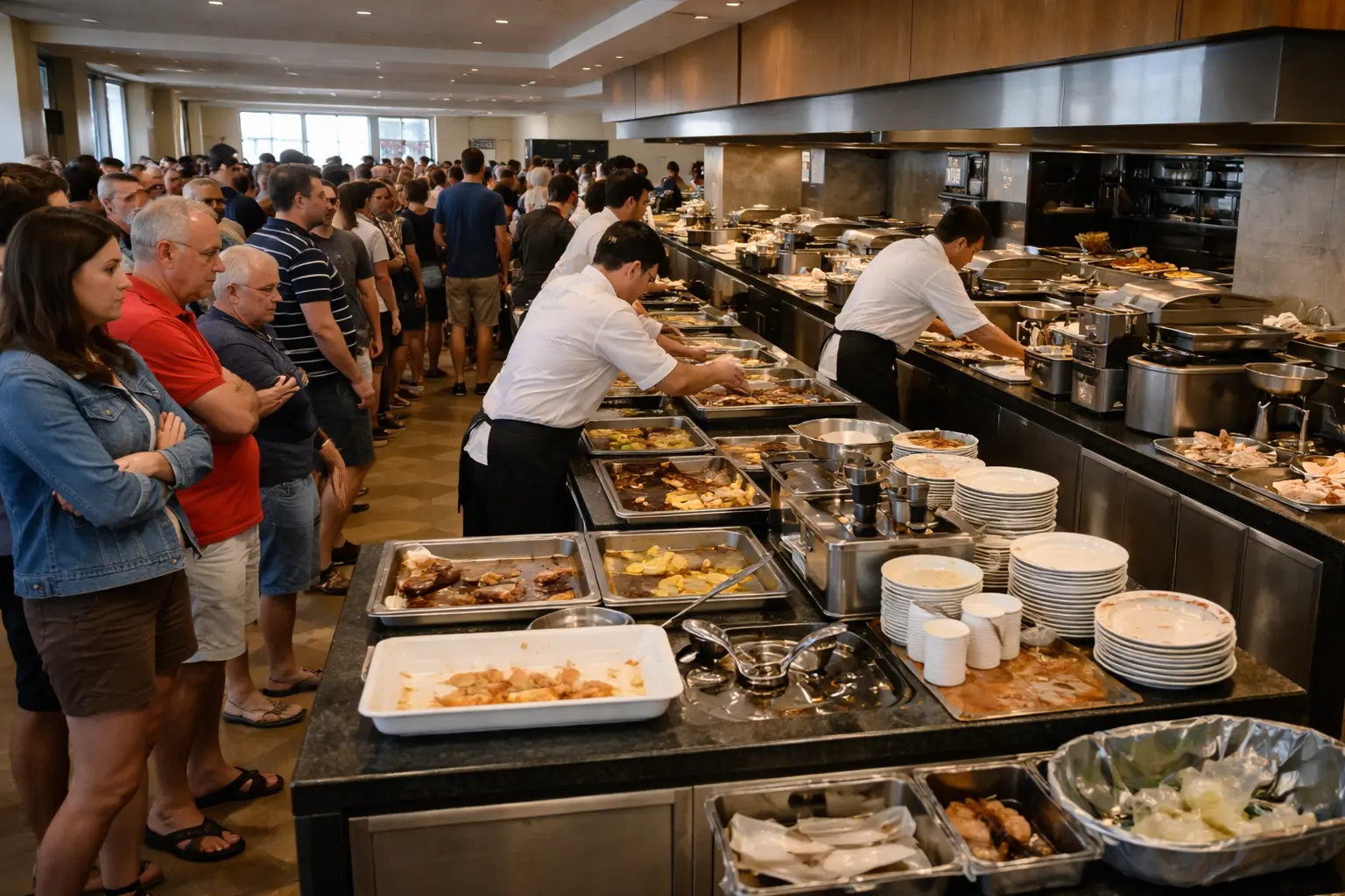 Imagen que muestra el buffet de un hotel caótico por la mañana lleno de gente
