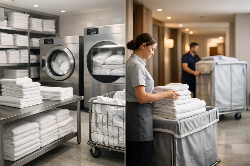 Lavandería propia o externalizada en hoteles: imagen editorial de un entorno hotelero premium con lavandería interna moderna, maquinaria industrial de acero inoxidable, ropa blanca perfectamente ordenada y logística textil eficiente que representa la toma de decisión estratégica entre gestión propia y servicio externalizado.