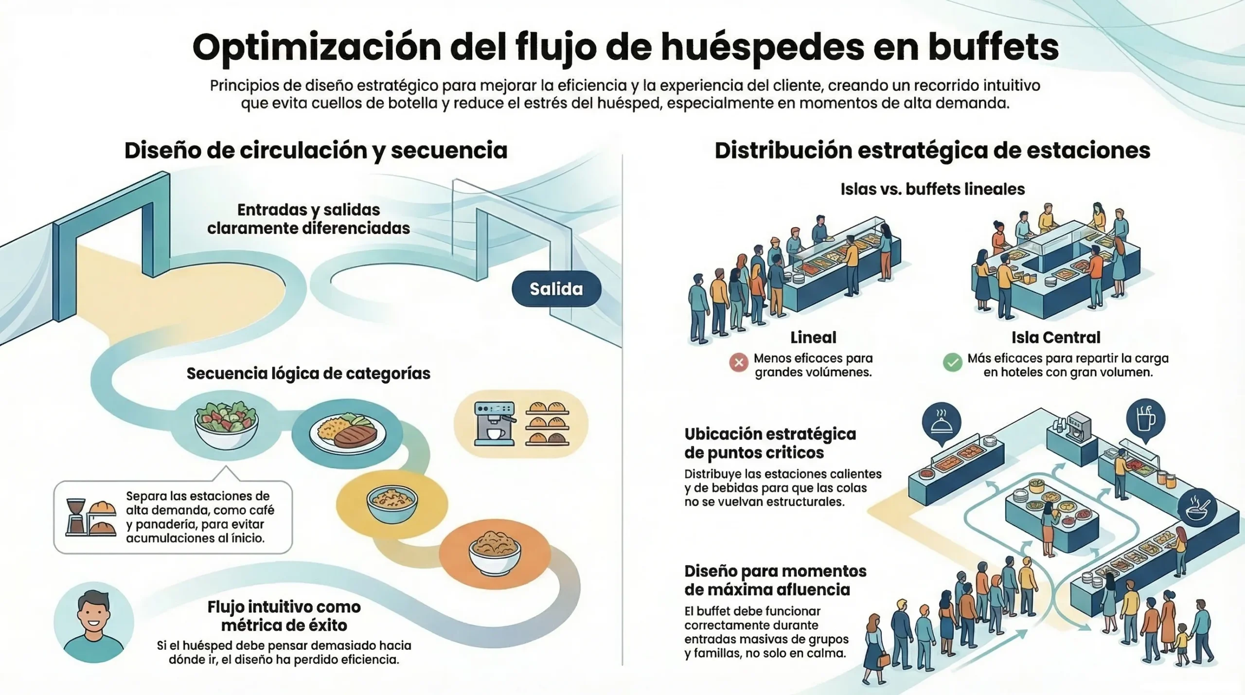 Infografía que muestra que el flujo de circulación de huéspedes en un hotel debe ser intuitivo. Si el huésped necesita pensar demasiado hacia dónde ir, el buffet ya está perdiendo eficiencia.