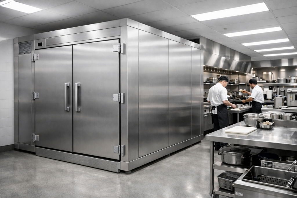 Cámaras frigoríficas para cocinas industriales integradas en una cocina industrial moderna, con puertas de acero inoxidable, distribución ergonómica y personal de hostelería trabajando al fondo.
