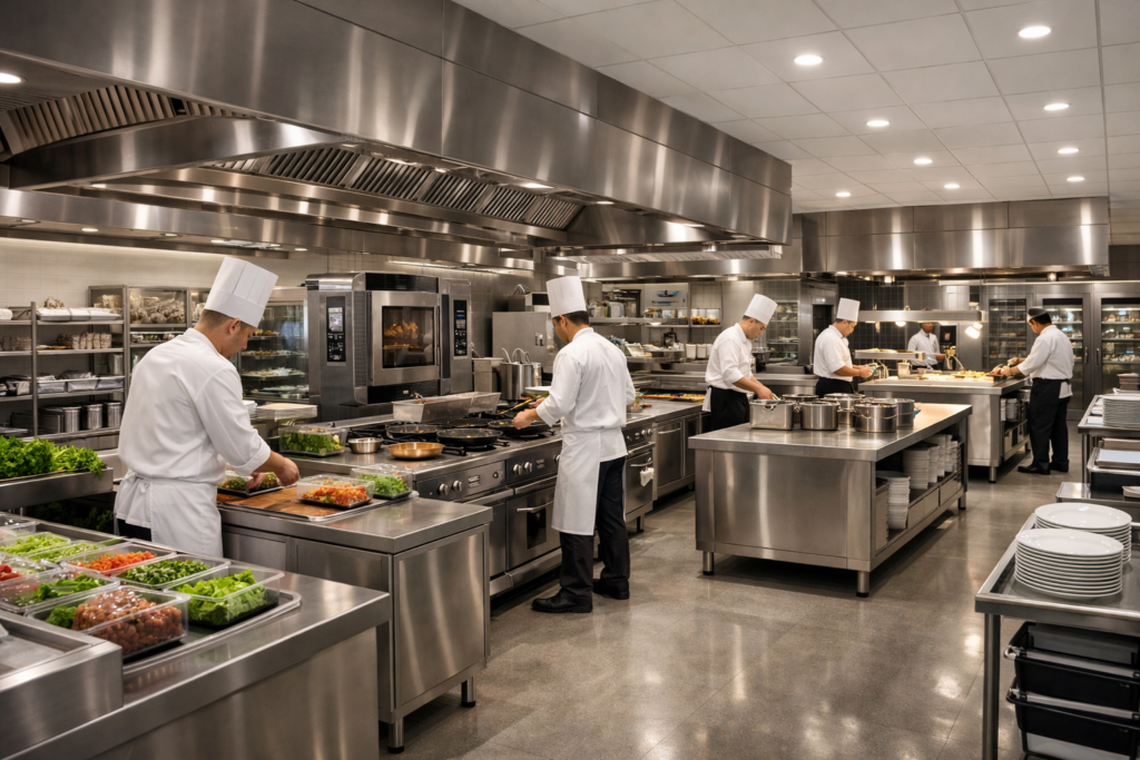 Cómo dimensionar una cocina industrial en hoteles: cocina profesional de hotel de 4 o 5 estrellas, amplia, moderna y organizada, con chefs trabajando en zonas de preparación fría, línea caliente, pase y apoyo, mostrando flujo operativo, eficiencia, ergonomía y alta capacidad productiva.
