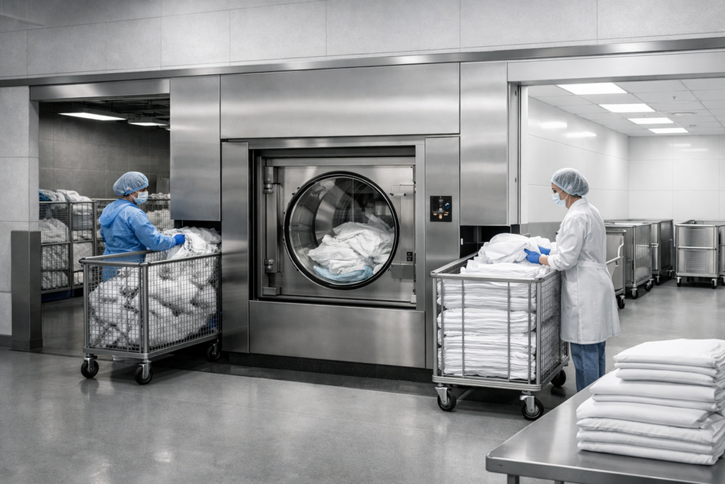 Lavandería hospitalaria con barrera sanitaria en entorno industrial moderno, con lavadora de barrera integrada en muro separando zona sucia y zona limpia, carros de ropa hospitalaria, sábanas blancas dobladas, acero inoxidable y personal con EPI.