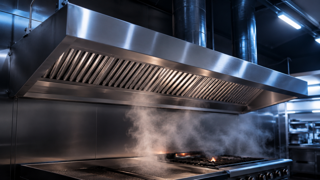 Campana extractora industrial de acero inoxidable instalada para Ventilación y extracción de humos sobre una línea de cocción profesional en una cocina de hotel. Se observan los filtros de lamas, vapor siendo captado por el sistema de extracción y conductos de ventilación en un entorno técnico, limpio y totalmente equipado.